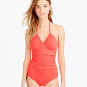 JCREW ruched halter swimsuit in neon orange/coral